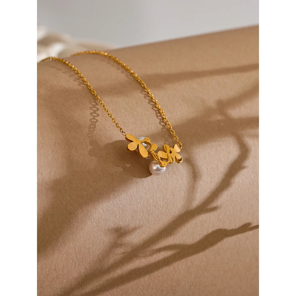 Yhpup Summer Zircon Pearl Flower Collar Necklace Pendant 316L Stainless Steel Chain 18K Gold Color Chic Exclusive Jewelry