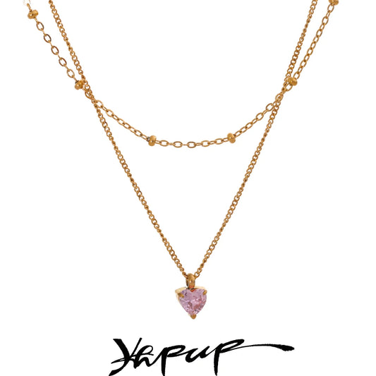 Yhpup Chic Stainless Steel Double-Layer Stacking Chain Pink Zircon Heart Pendant Necklace Delicate Style High-Grade Jewelry