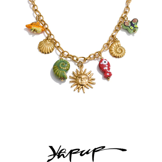 Yhpup Ocean Style Ceramic Conch Fish Butterfly Sun Drop Y2K Handmade Necklace Women Stainless Steel Statement Trending Jewelry