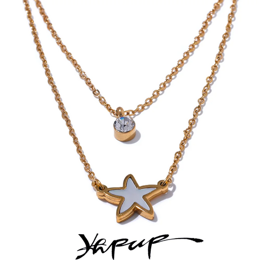 Yhpup Fashion Natural Shell CZ Star Double Layer Pendant Stacking Chic Necklace Gold Color Chain Stainless Steel Collar Jewelry