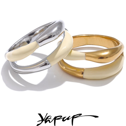 Yhpup Stainless Steel Exquisite Ring Beige Enamel Fashion 18k Gold Platinum PVD Plated Daily Finger Jewelry Bijoux for Women