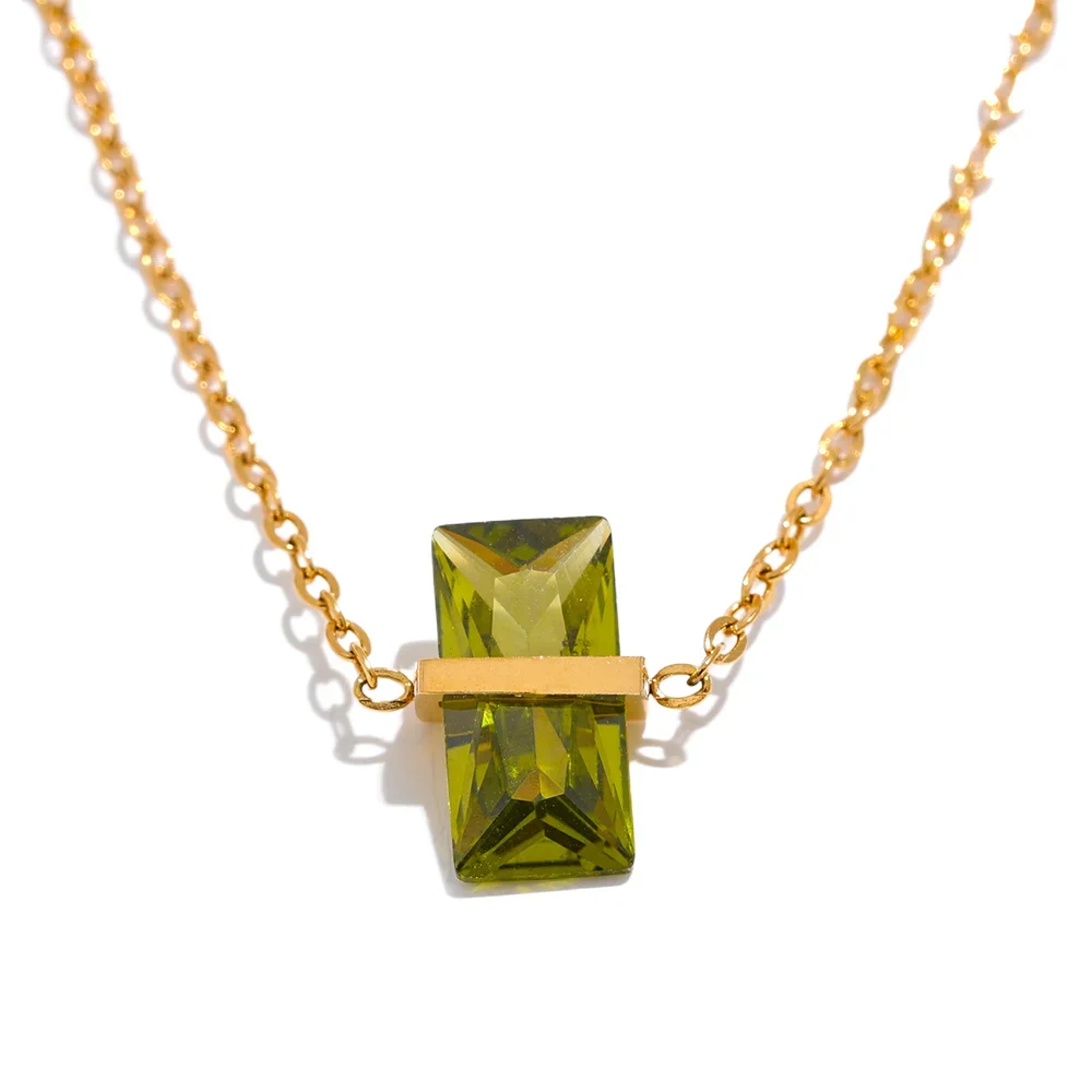 Yhpup Stainless Steel Olive Green Cubic Zirocnia Chic Pendant Necklace for Women Minimalist Charm Korean Fashion Collar Jewelry