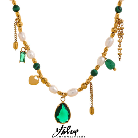 Yhpup Luxury Bling Green Cubic Zirconia Pendant Natural Pearl Stone Chain Necklace Fashion Stainless Steel Handmade Jewelry