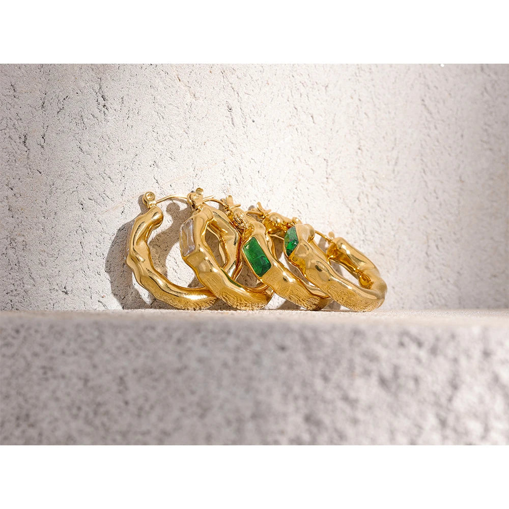 Yhpup Stainless Steel Cubic Zirconia Green CZ Textured Metal Hoop Earrings  Jewelri for Woman Korean Temperament ZA Earring